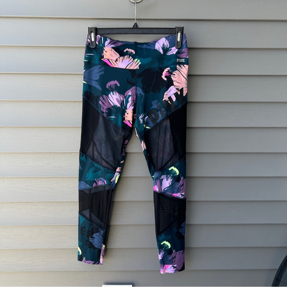 Victoria’s Secret PINK High Waist Leggings L Tropical Floral Mesh Yoga Active